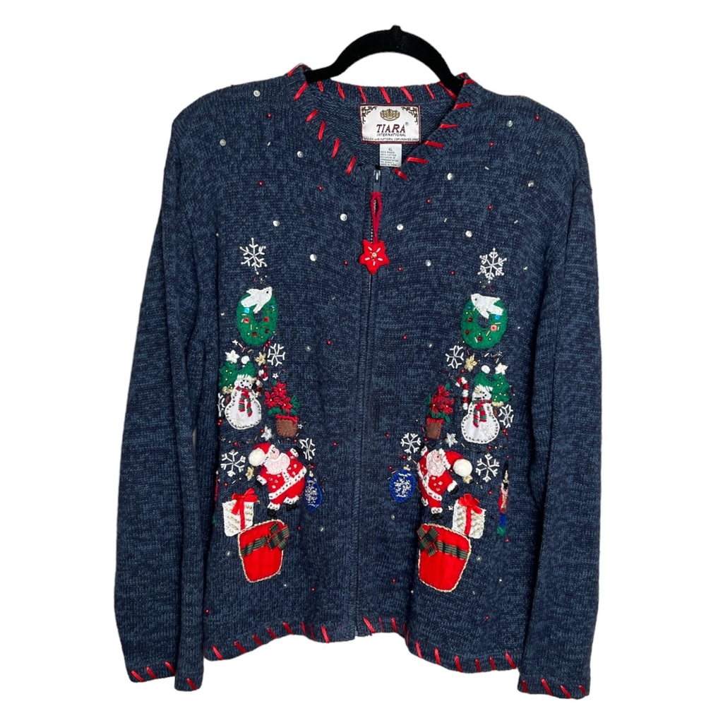 Tiara International Women’s Christmas Sweater‎ Santa Claus Snowman Cardigan XL